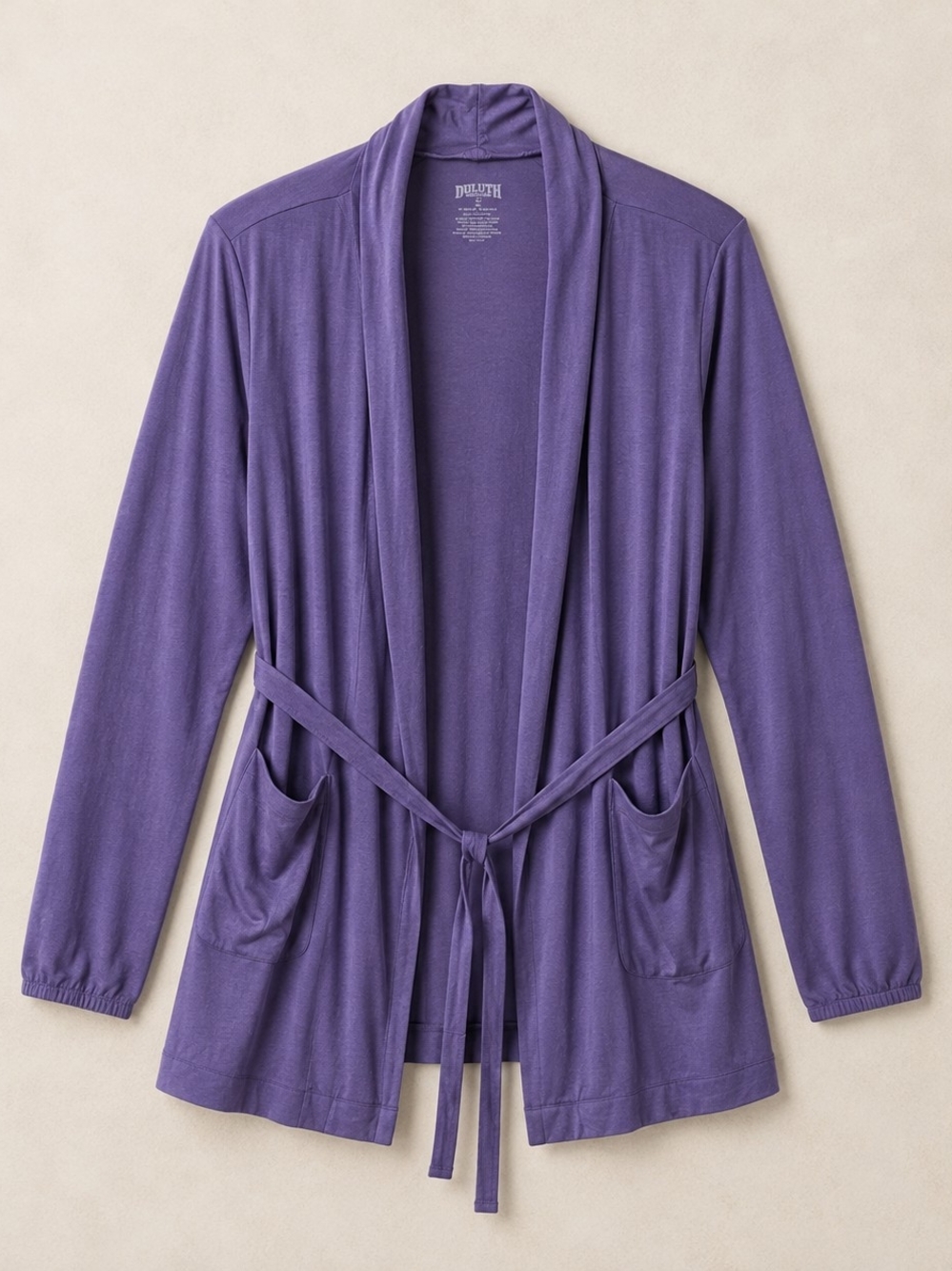 Duluth Trading Co Women's Large Purple Open Front Cardigan Tie Waist Pockets
